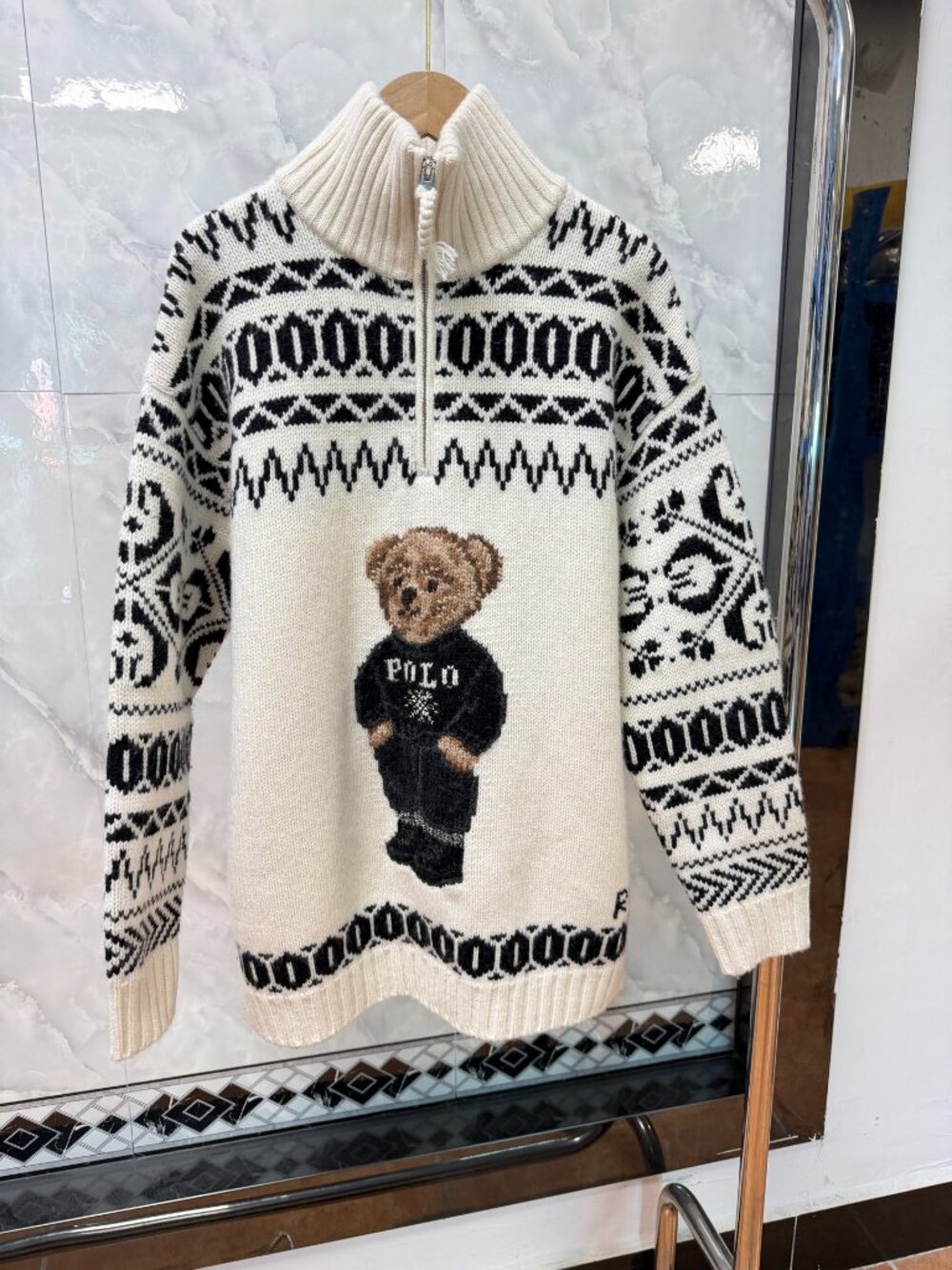 Polo Ralph Lauren bear-patterned half-zip sweater